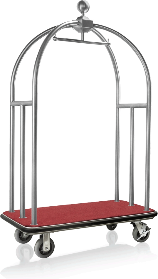 Gepäckwagen, 112 x 61 x 186 cm, silberfarben gebürstet, roter Teppich, Edelstahl