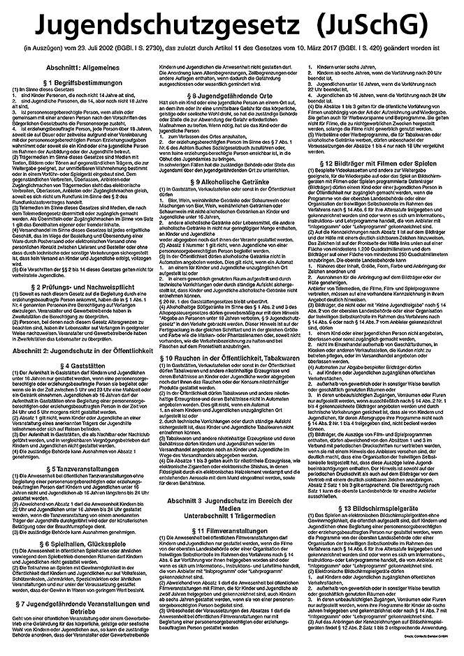 Aushang Jugendschutzgesetz in der Fassung ab März 2017