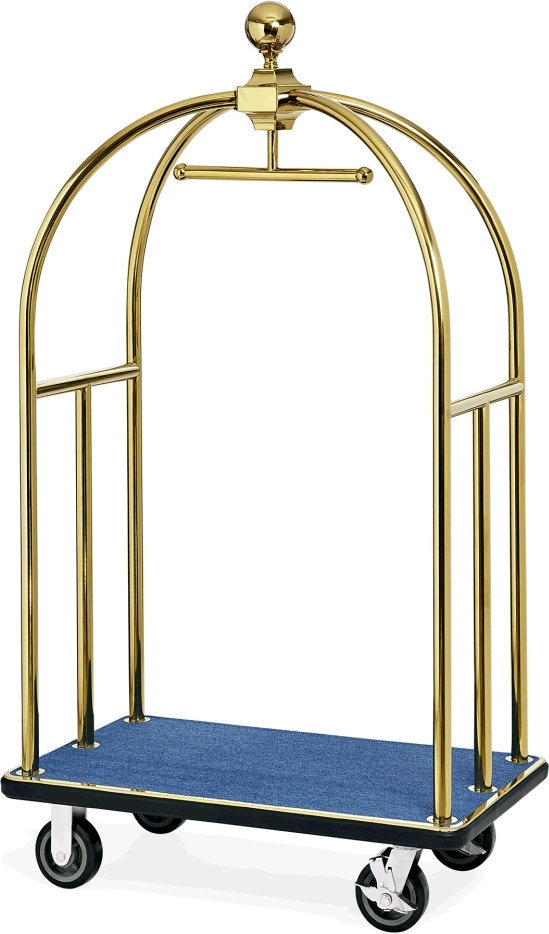 Gepäckwagen, 112 x 61 x 186 cm, goldfarben, blauer Teppich, Edelstahl
