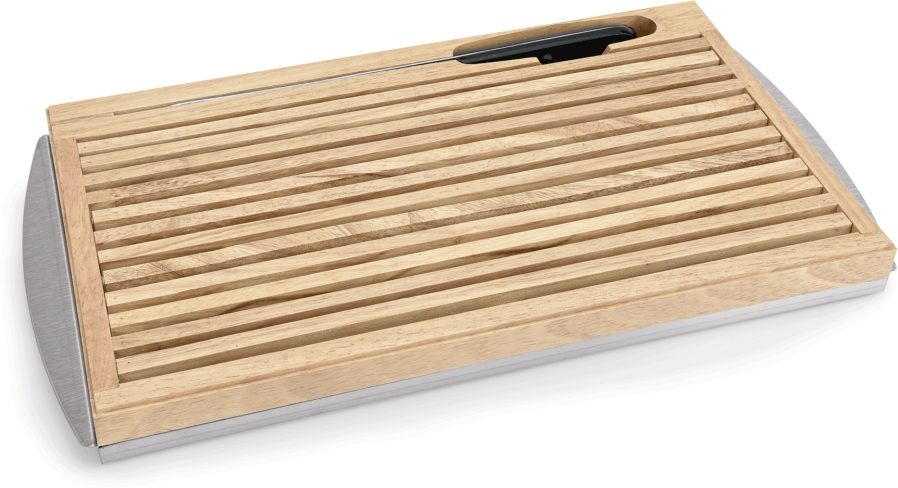 Brotschneidebrett mit Edelstahlkrümelschale, 48 x 25,5 x 3,5 cm, Holz