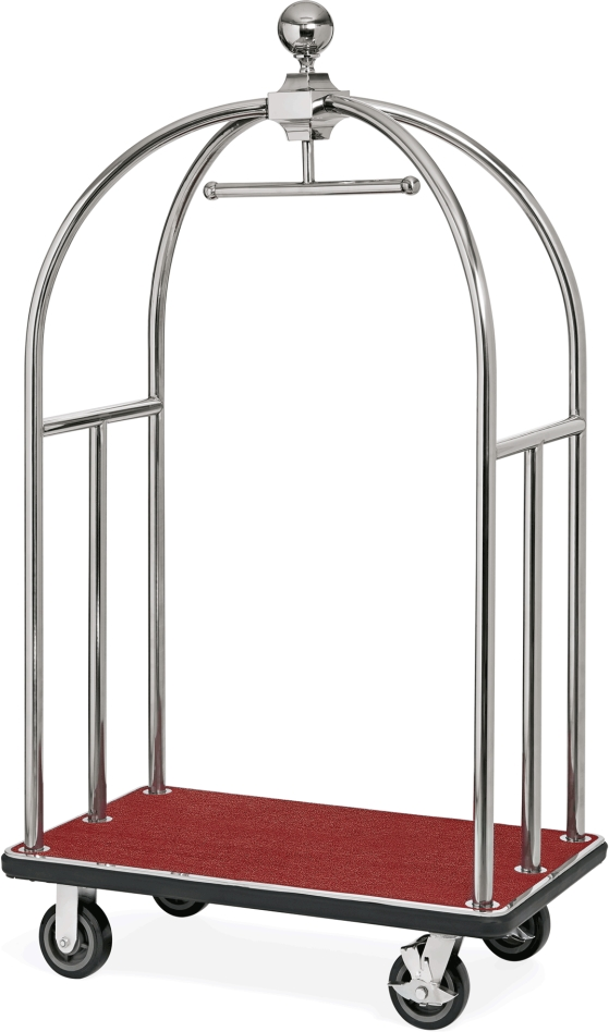 Gepäckwagen, 112 x 61 x 186 cm, silberfarben, roter Teppich, Edelstahl